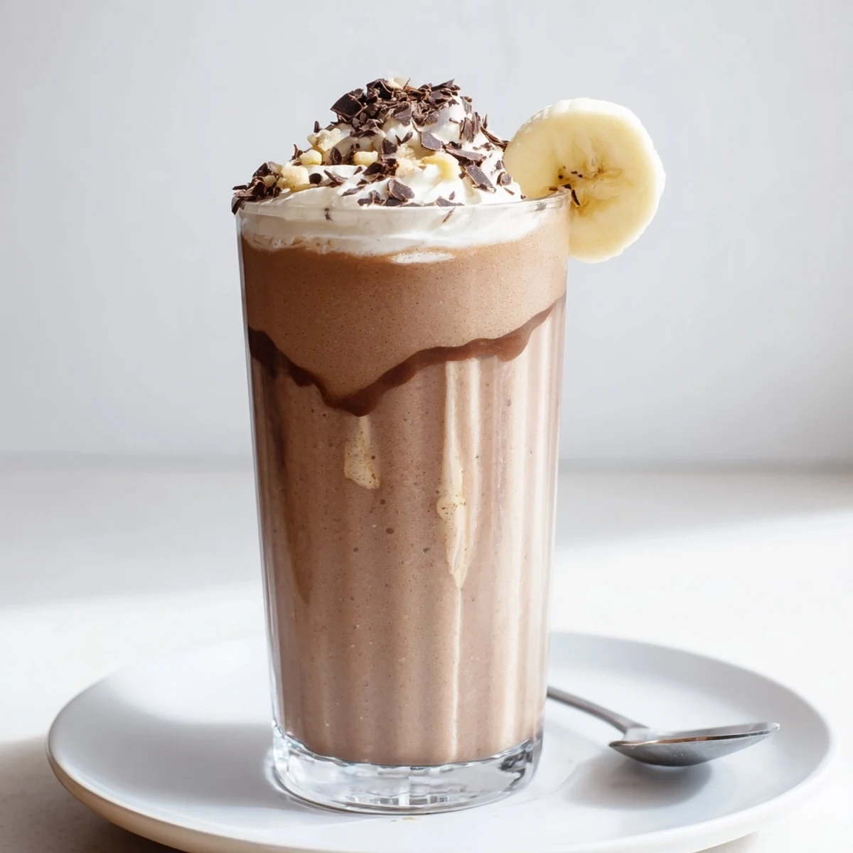 Chocolate Peanut Butter Smoothie poured in tall glass, creamy, topped with whipped cream.