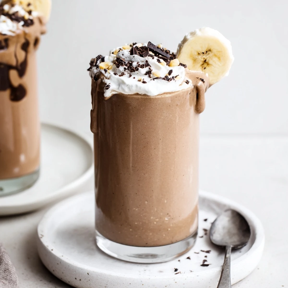 Iced Chocolate Peanut Butter Smoothie with banana and chocolate shavings, breakfast-ready.