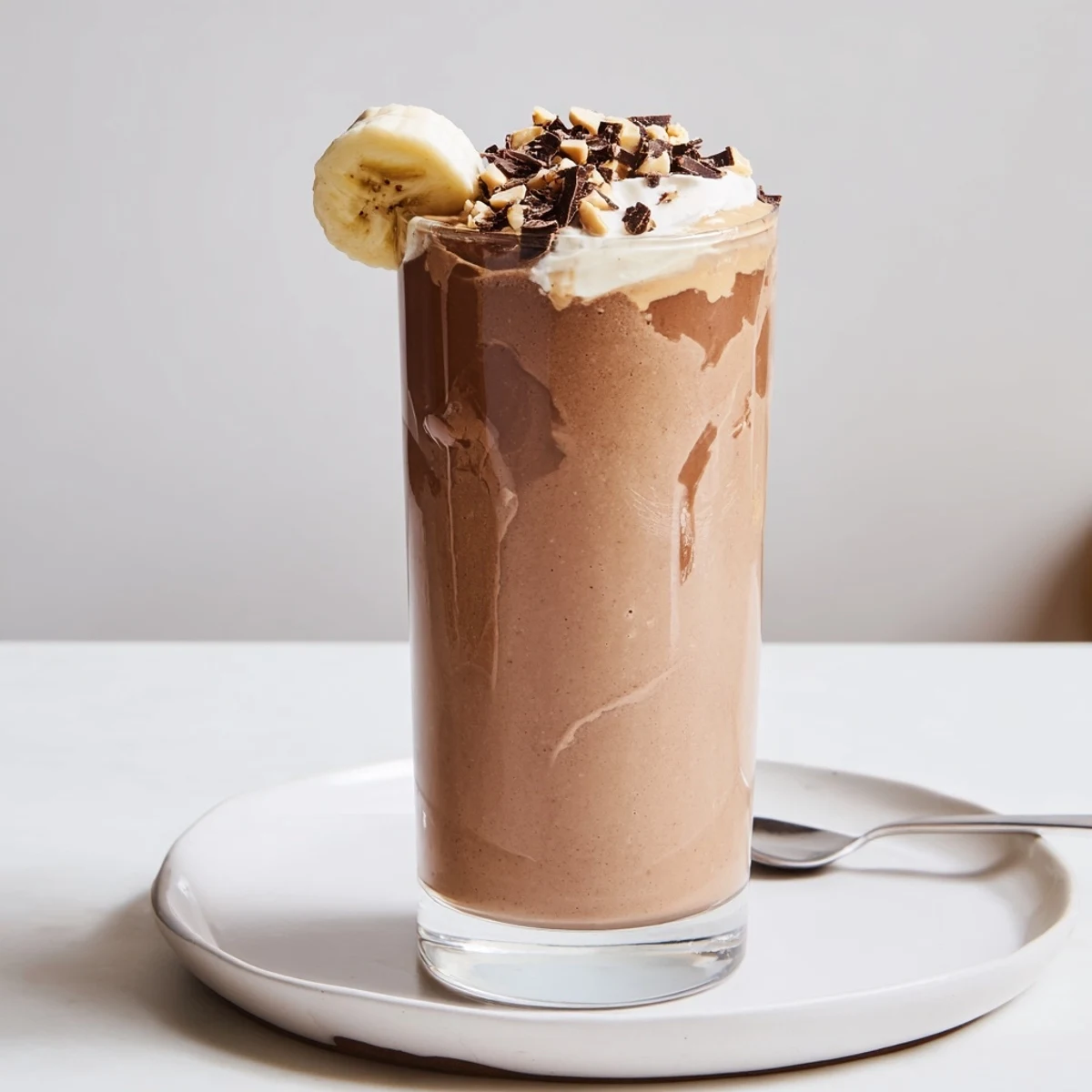Rich Chocolate Peanut Butter Smoothie in mason jar, sprinkled with crushed peanuts.