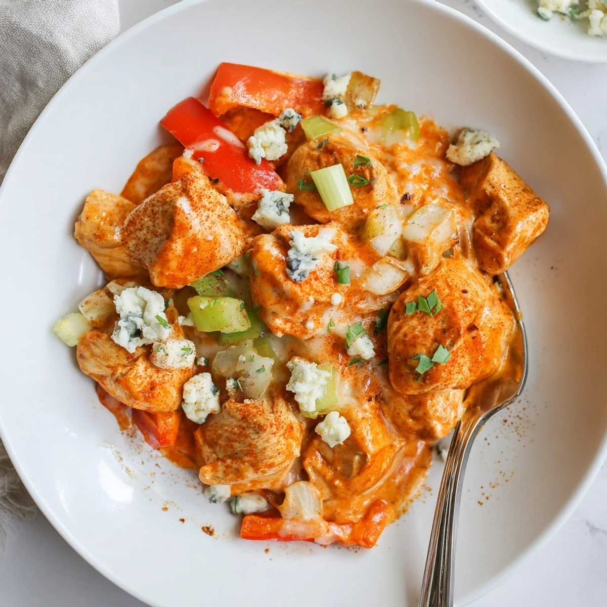 Creamy Keto Buffalo Chicken Skillet topped with melted mozzarella and crumbled blue