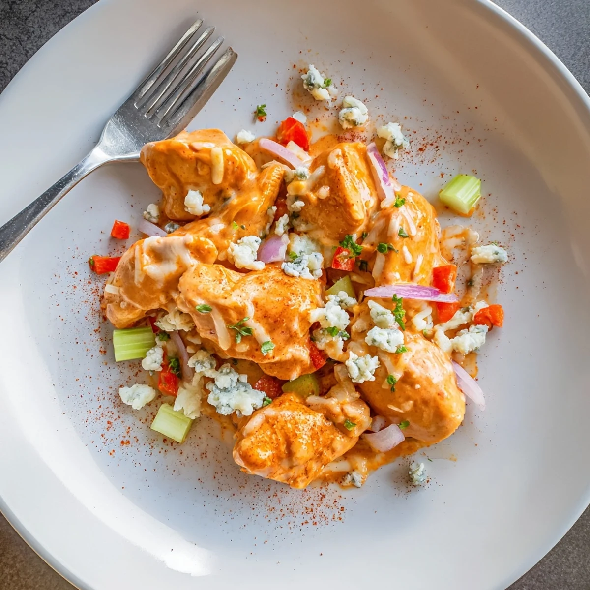 Hearty Keto Buffalo Chicken Skillet served over cauliflower rice, spicy and tangy