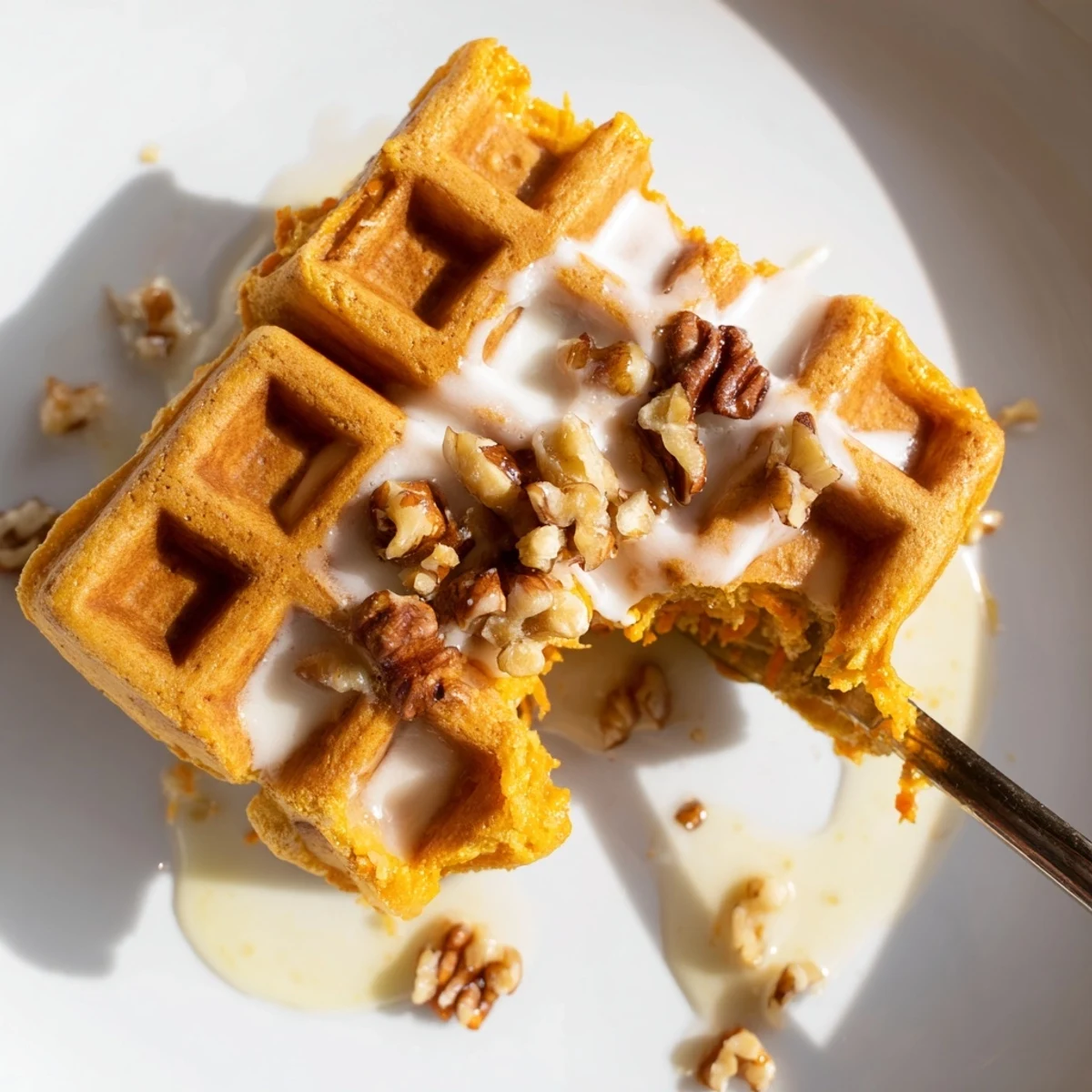 Golden Carrot Cake Waffles crisp edges, cinnamon aroma, served with maple syrup