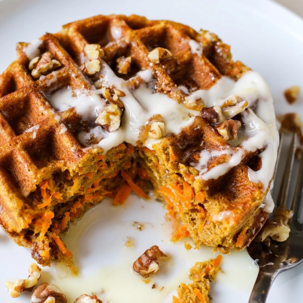 Stack of warm Carrot Cake Waffles with cream cheese glaze and walnuts