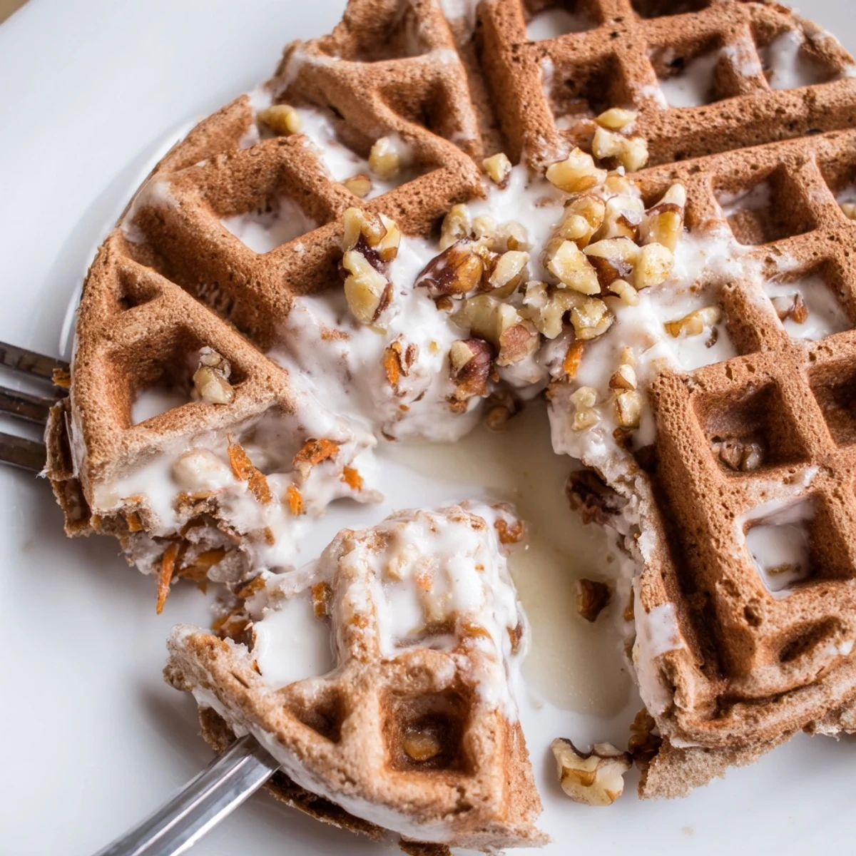 Crisp-topped Carrot Cake Waffles plated for brunch with whipped cream