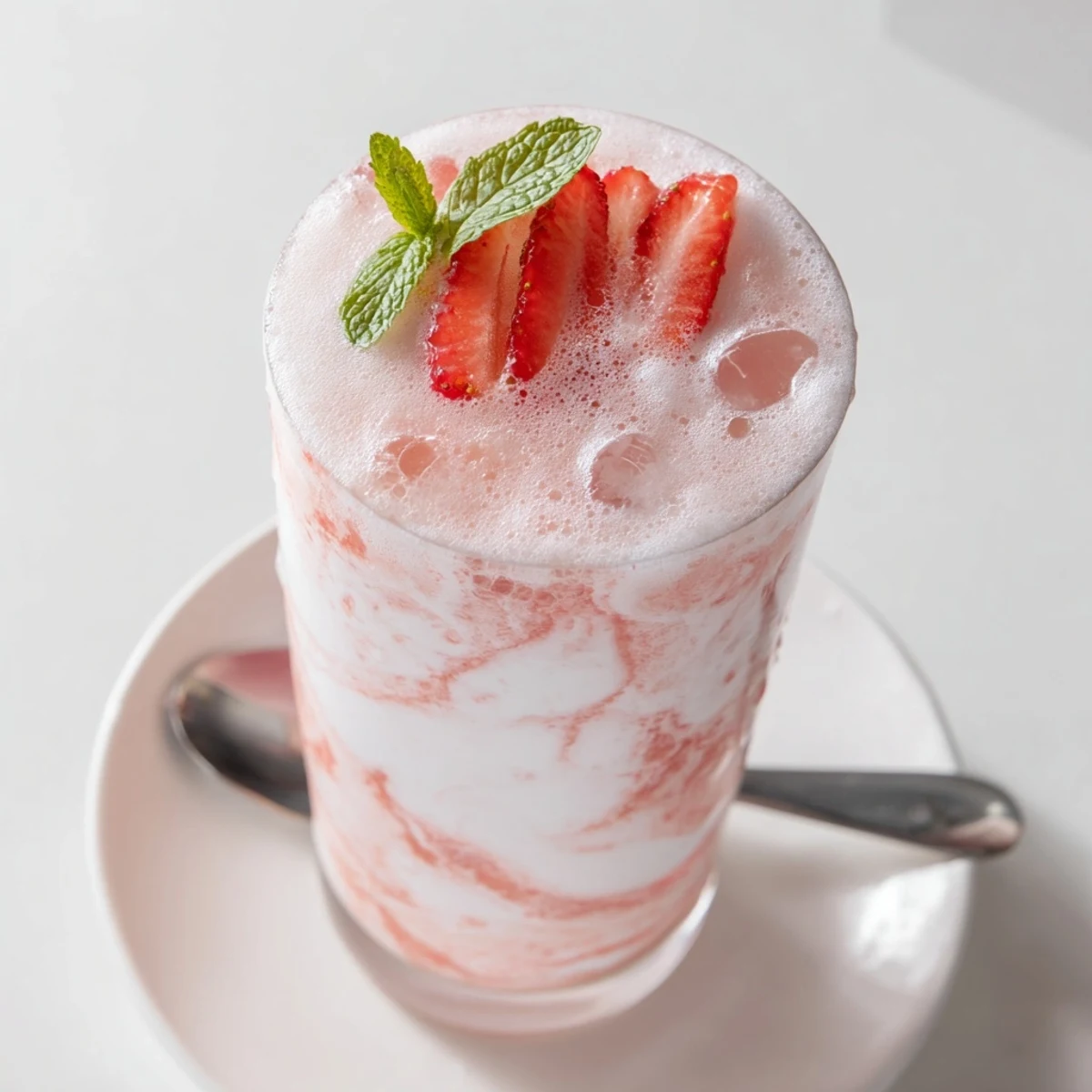 Chilled Strawberry Coconut Cooler Recipe with frothy texture and mint garnish