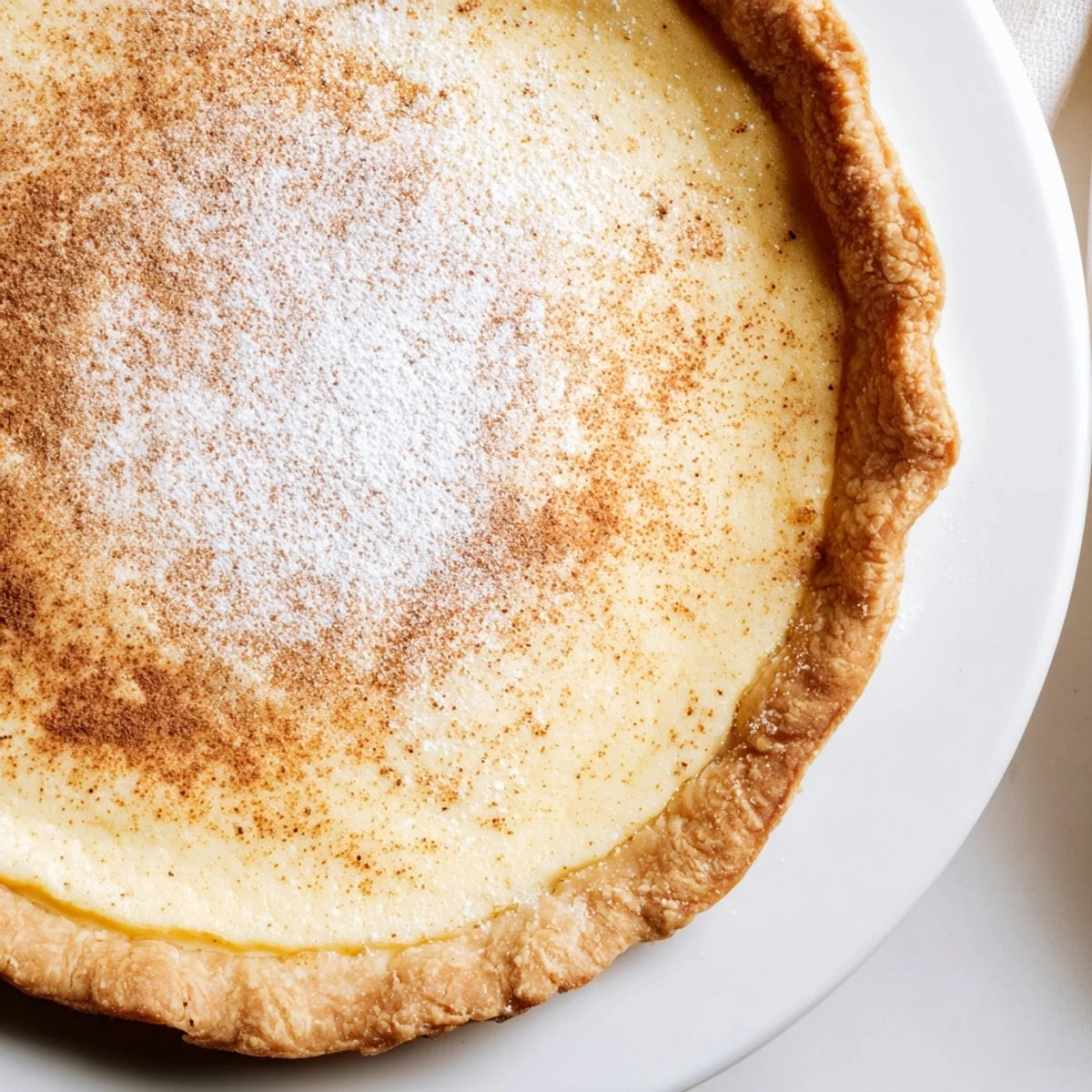 Christmas Eve Custard Pie With Cinnamon Vanilla, velvety filling dusted with powdered sugar