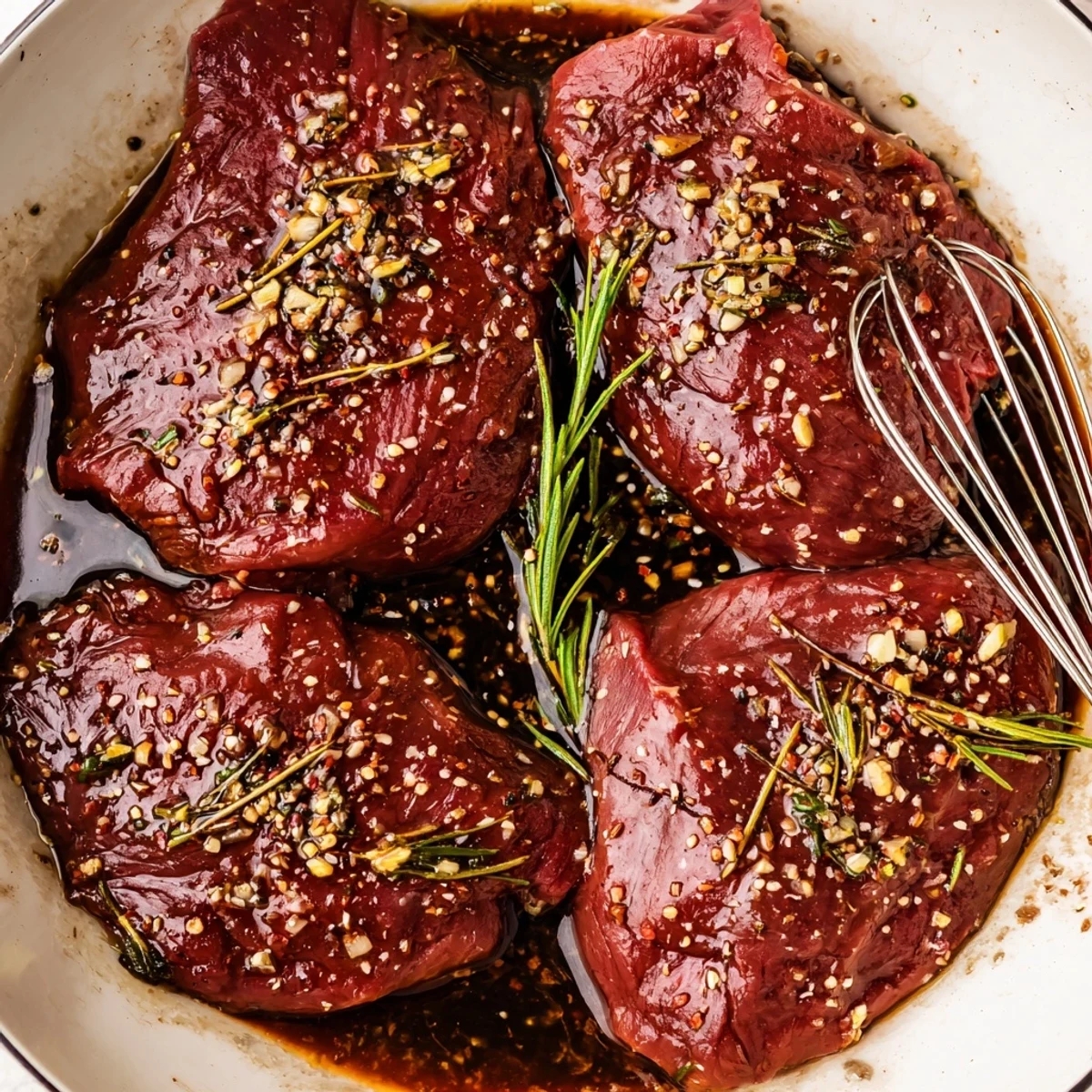 Steak Marinade glistening on raw ribeye, garlic and rosemary aroma promising