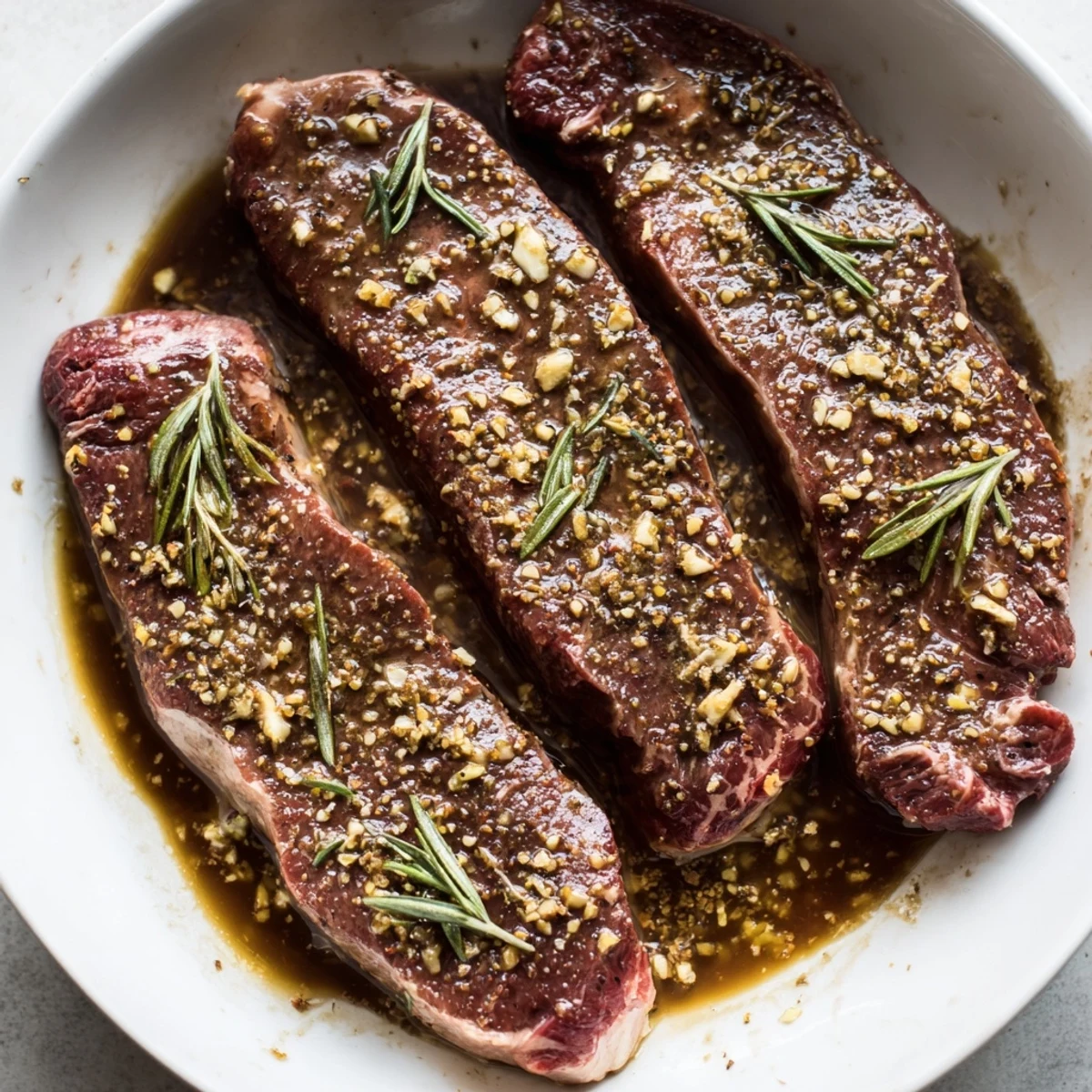 Homemade Steak Marinade in a bowl, soy, lemon, brown sugar granules visible