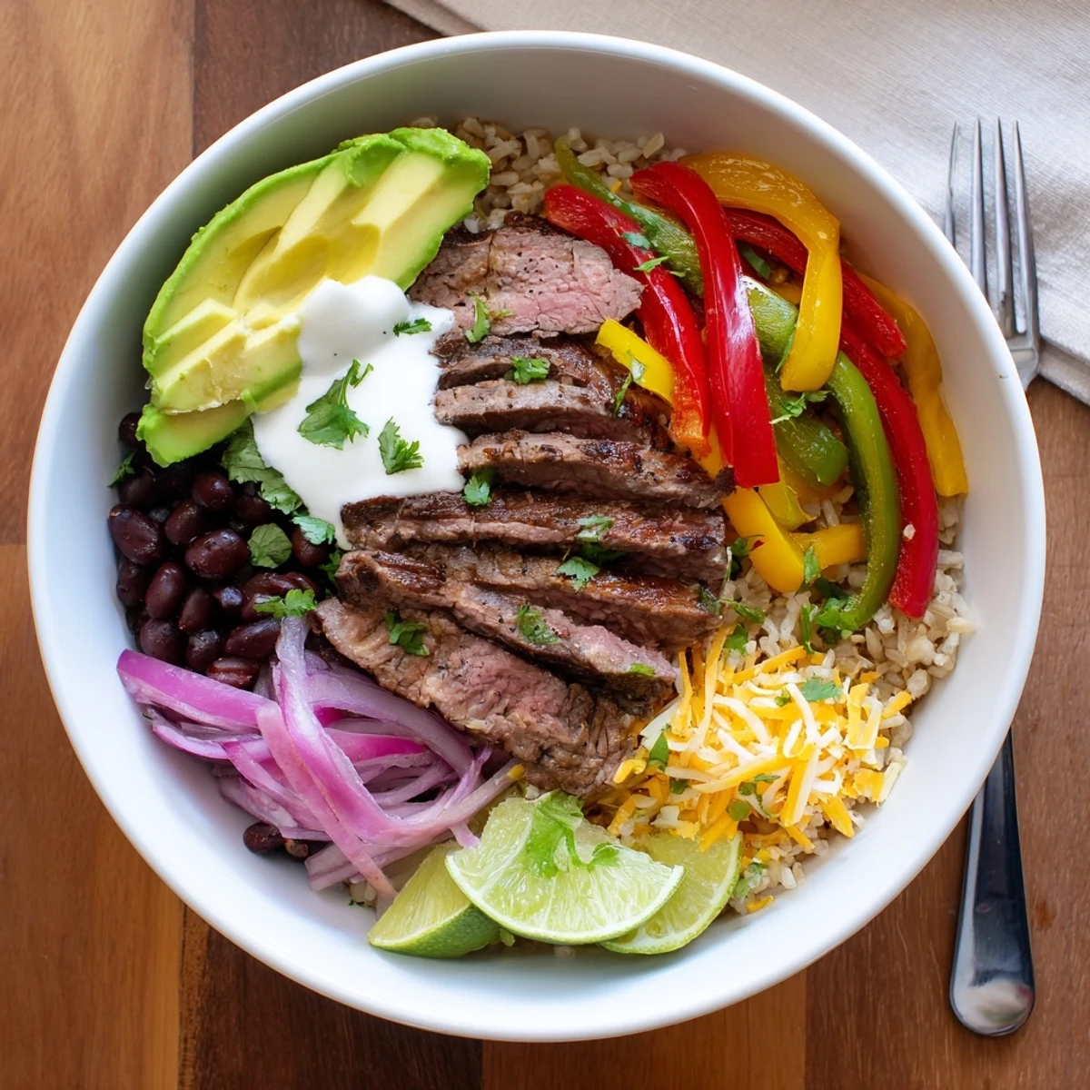 Charred bell pepper aroma, zesty lime and cilantro brighten Steak Fajita Power Bowls.