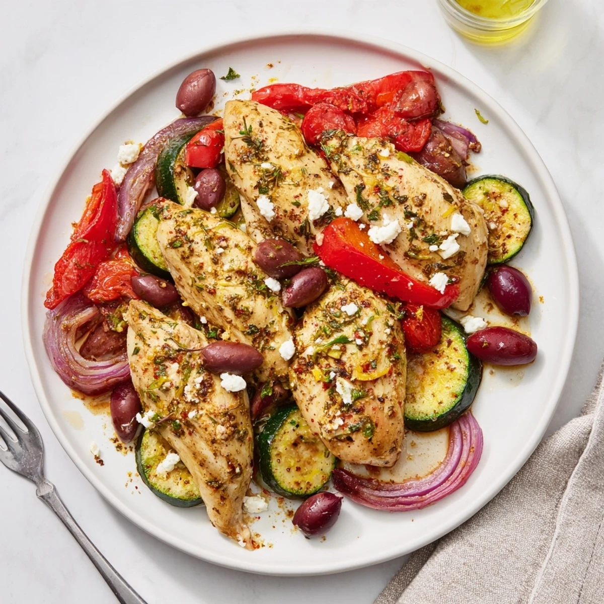 A platter of Sheet Pan Mediterranean Chicken Zucchini, tender chicken and charred peppers.