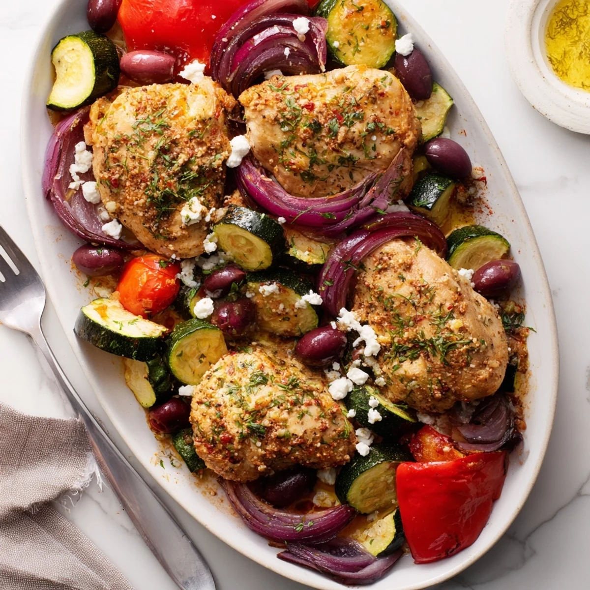 Sheet Pan Mediterranean Chicken Zucchini roasting with golden vegetables, briny olives, bright lemon.