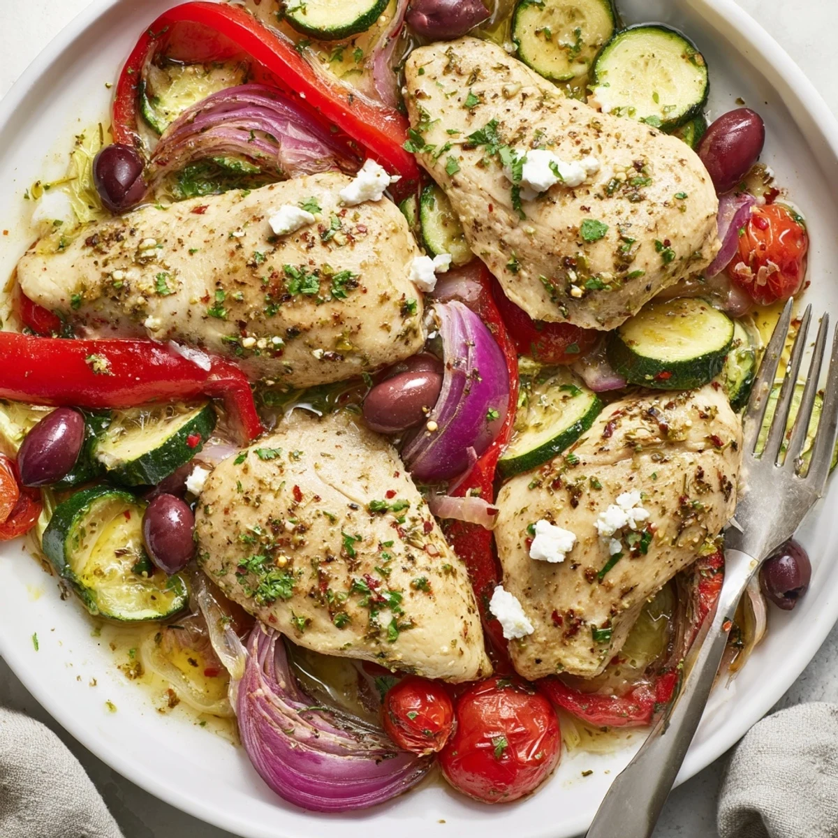 Sheet Pan Mediterranean Chicken Zucchini finished with tangy lemon, feta, and pan juices.