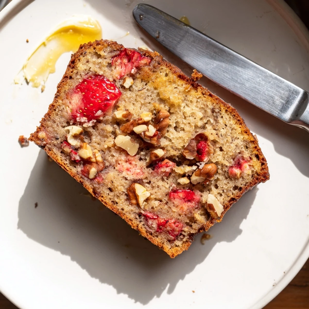 Strawberry Banana Bread Recipe, warm sliced loaf with glistening fruit chunks