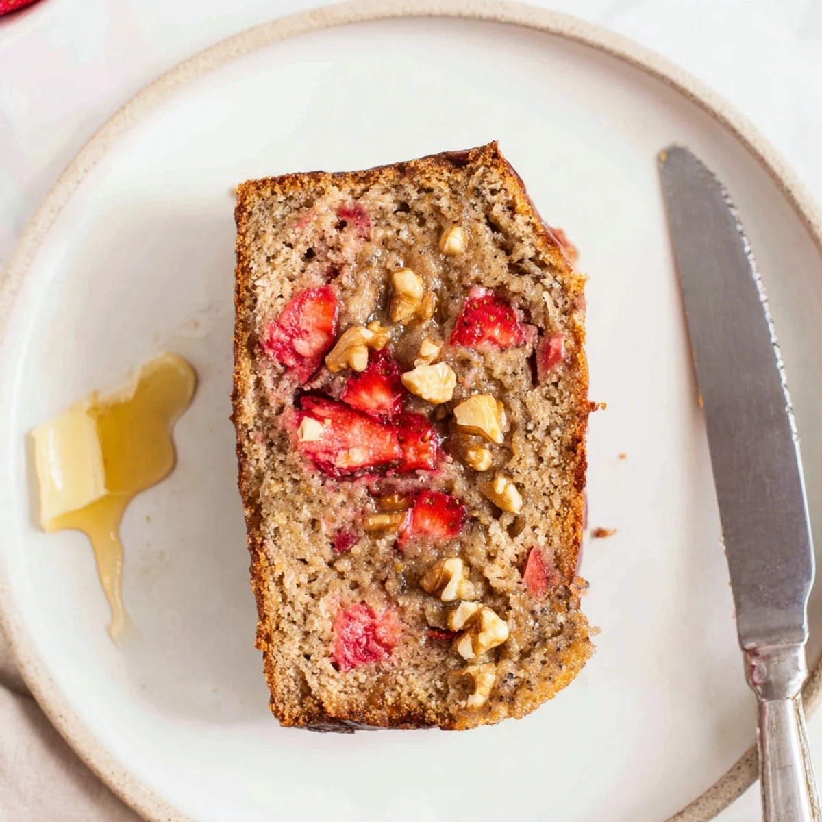 Fresh-baked Strawberry Banana Bread Recipe on wire rack, butter melting