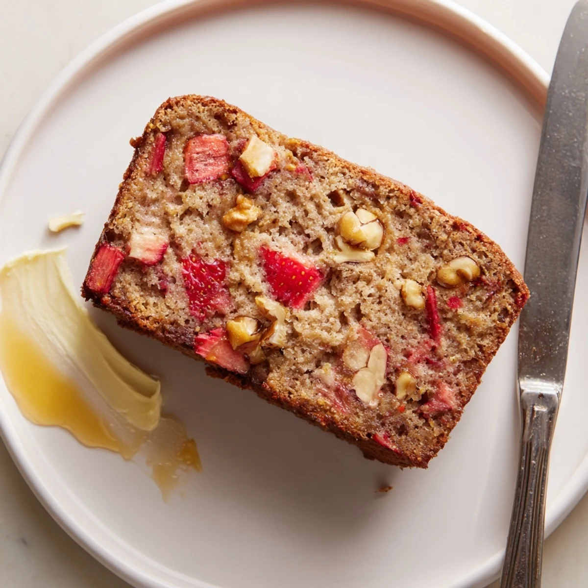 Serving suggestion: Strawberry Banana Bread Recipe with honey drizzle, tender crumb