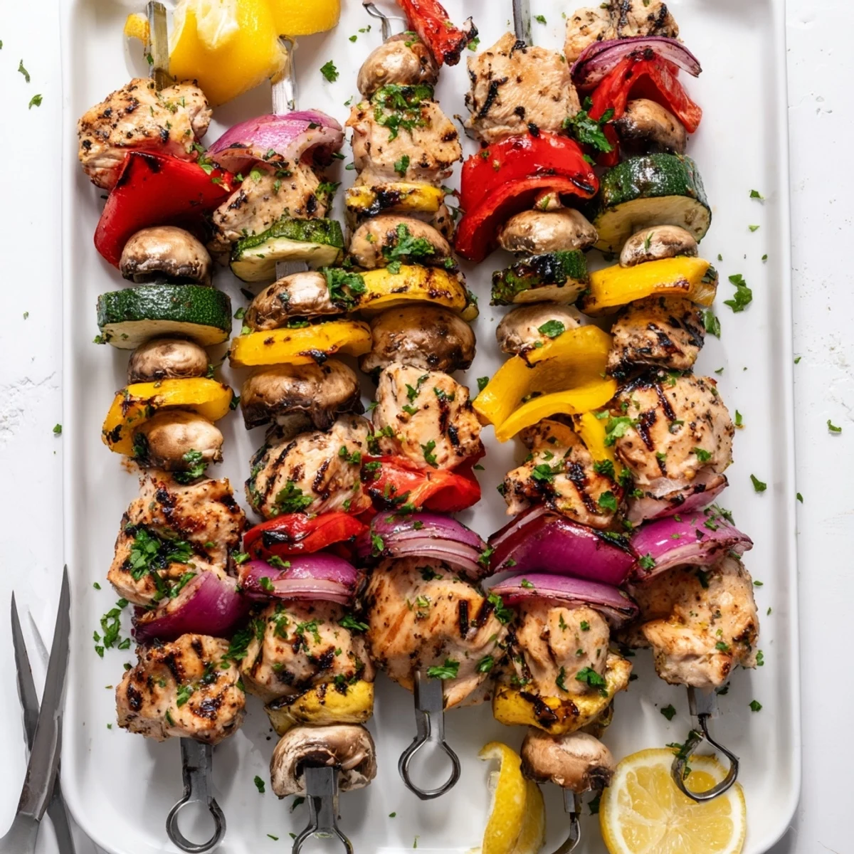 Colorful grilled chicken kabobs with vegetables recipe featuring juicy chicken, bell peppers, onions, zucchini, and mushrooms on skewers with charred edges