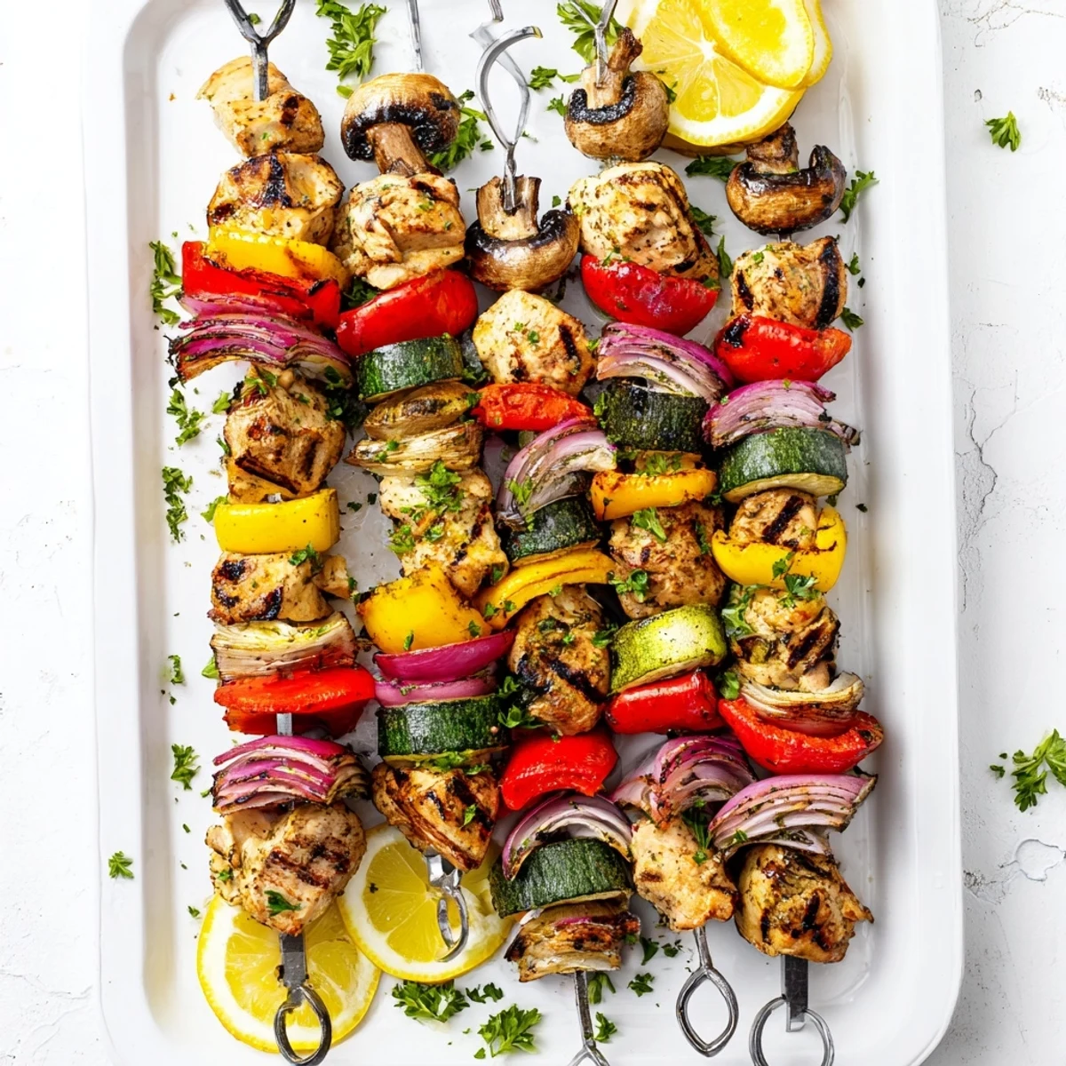 Mediterranean-style grilled chicken kabobs with vegetables recipe showcasing marinated chicken pieces alternating with crisp red and yellow peppers on a hot grill