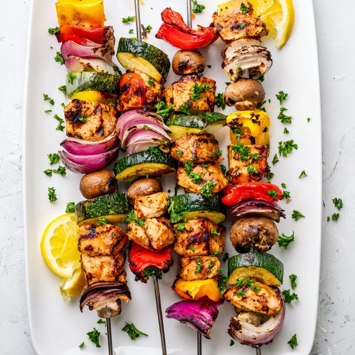 Golden grilled chicken kabobs with vegetables recipe displaying tender chicken chunks and fresh zucchini, mushrooms, and red onions arranged on metal skewers