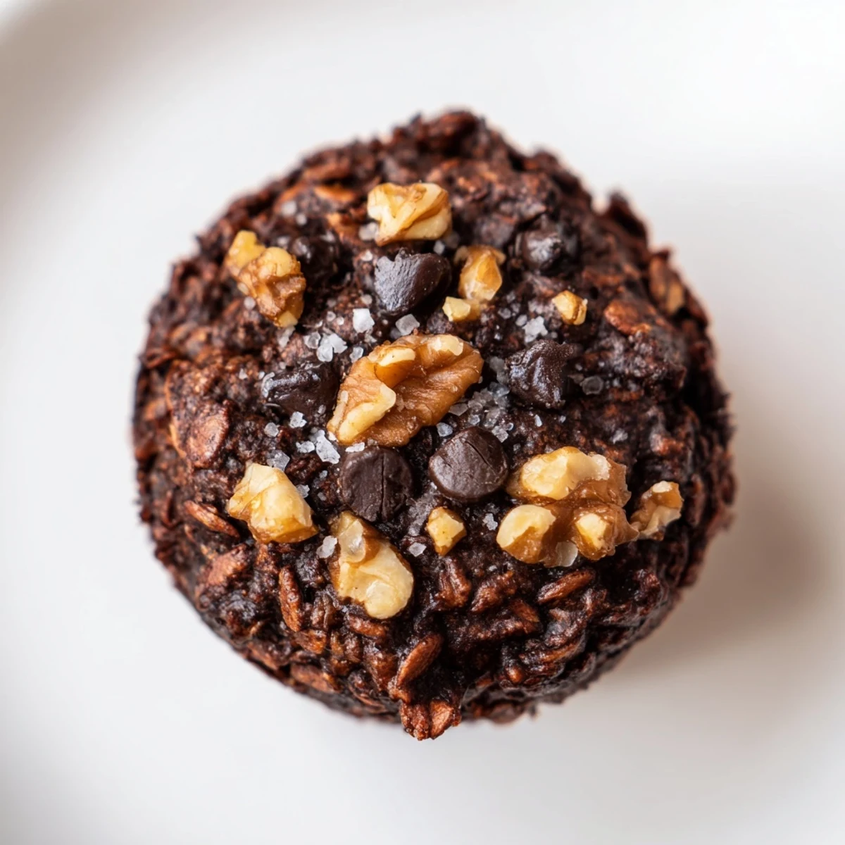 Rich chocolate oatmeal muffins studded with dark chunks and nutty crumble texture