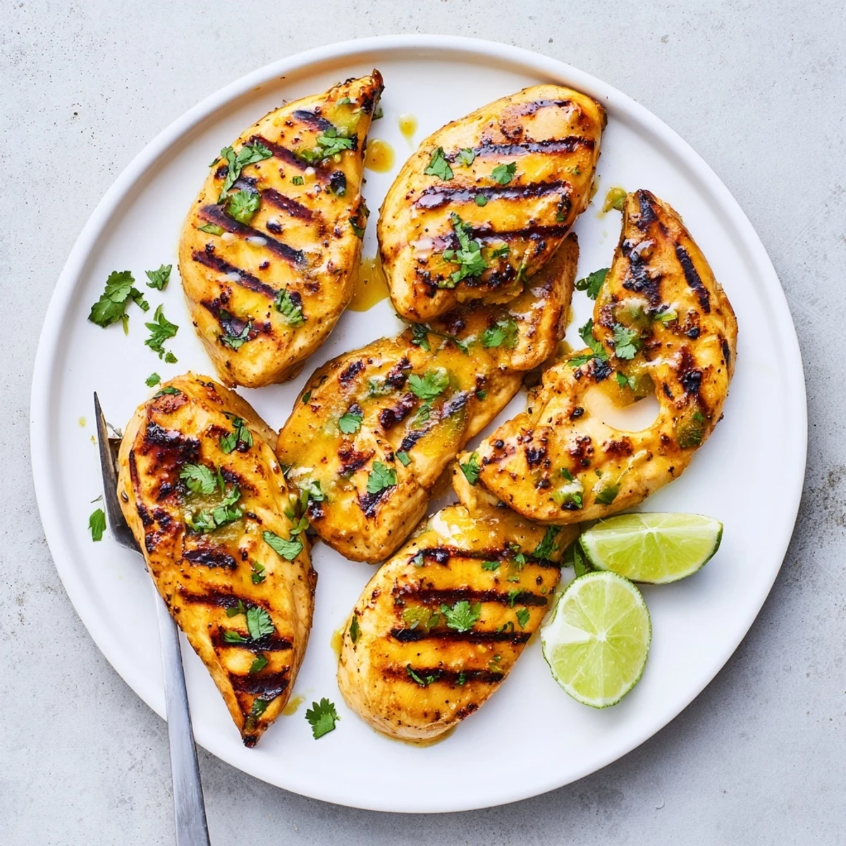 Juicy grilled chicken breasts glazed with tropical mango lime marinade and fresh cilantro