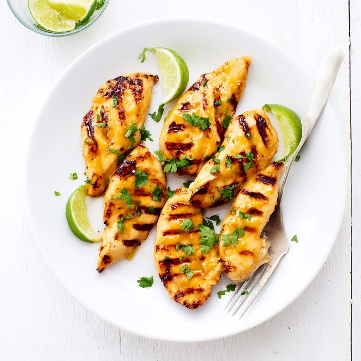 Golden brown mango lime chicken resting after grilling with vibrant green cilantro garnish