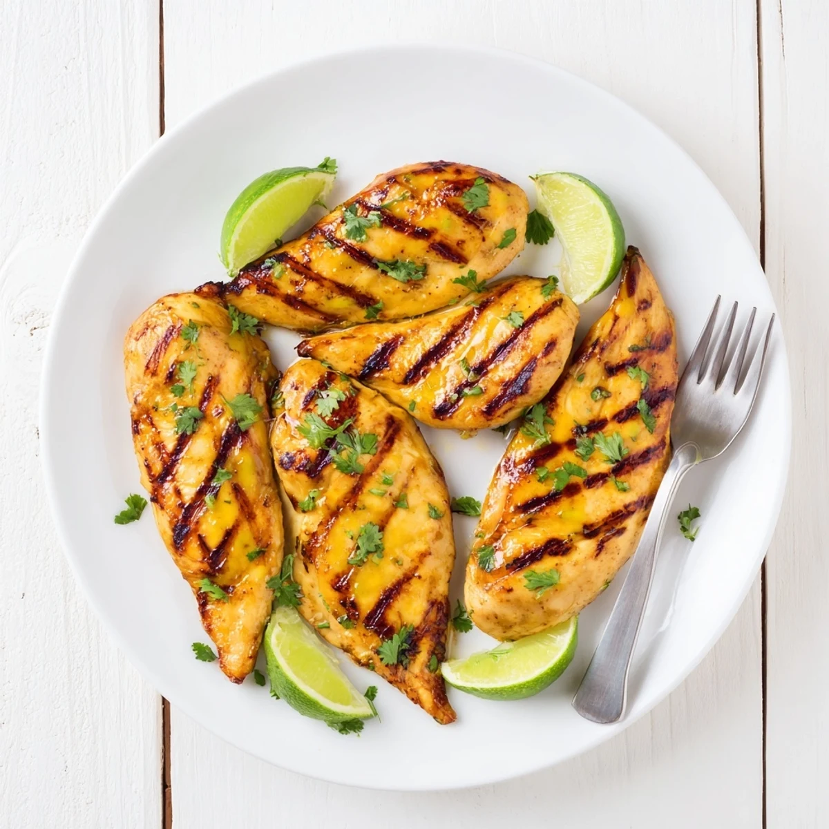 Perfect summer grilled mango lime chicken served with lime wedges on a white plate