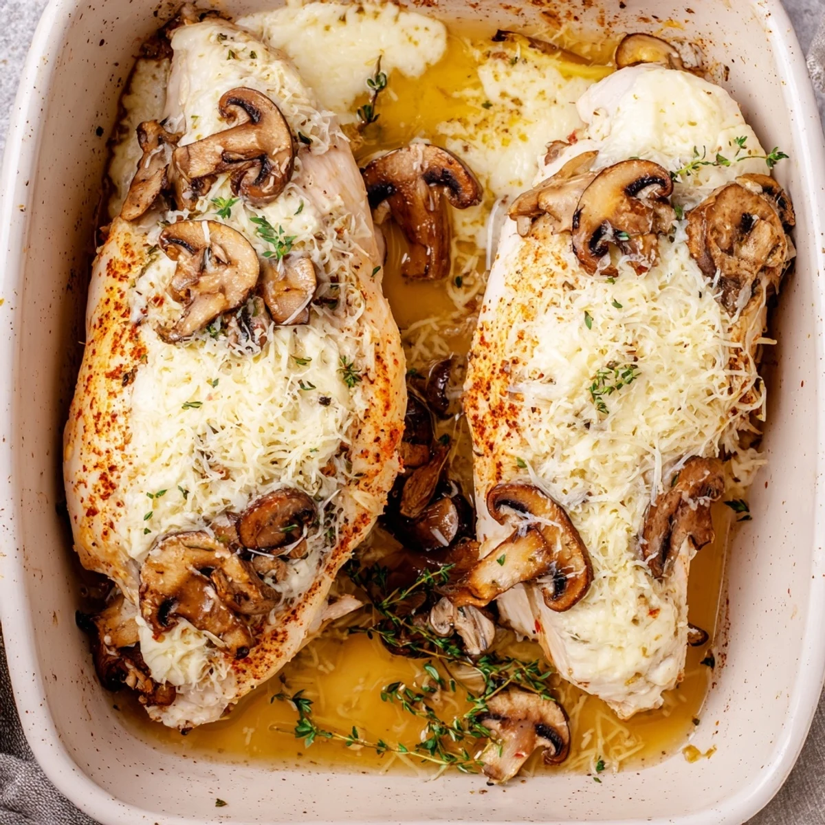 Golden cheesy baked chicken with mushrooms served on a white ceramic plate