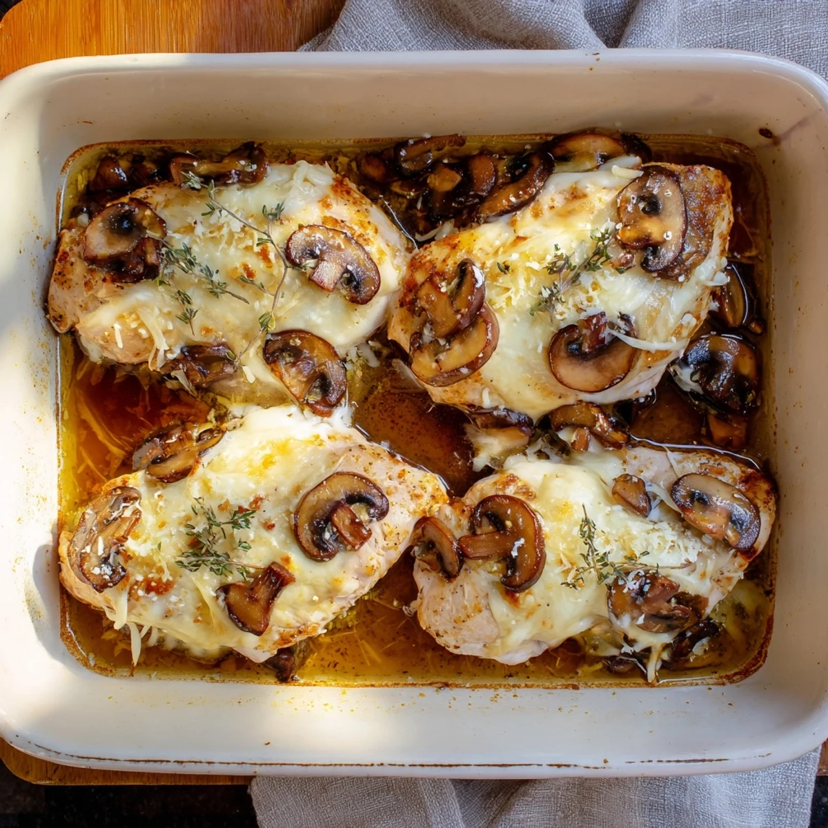 Baked chicken dish featuring bubbly cheese topping and earthy mushrooms in a casserole