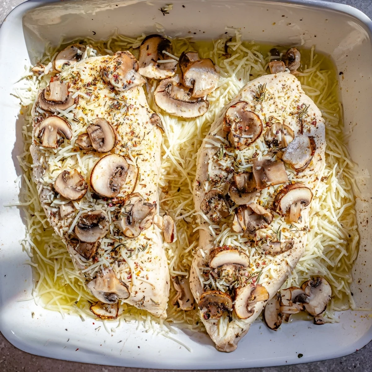 Tender chicken breasts topped with melted mozzarella cheese and sautéed mushroom slices