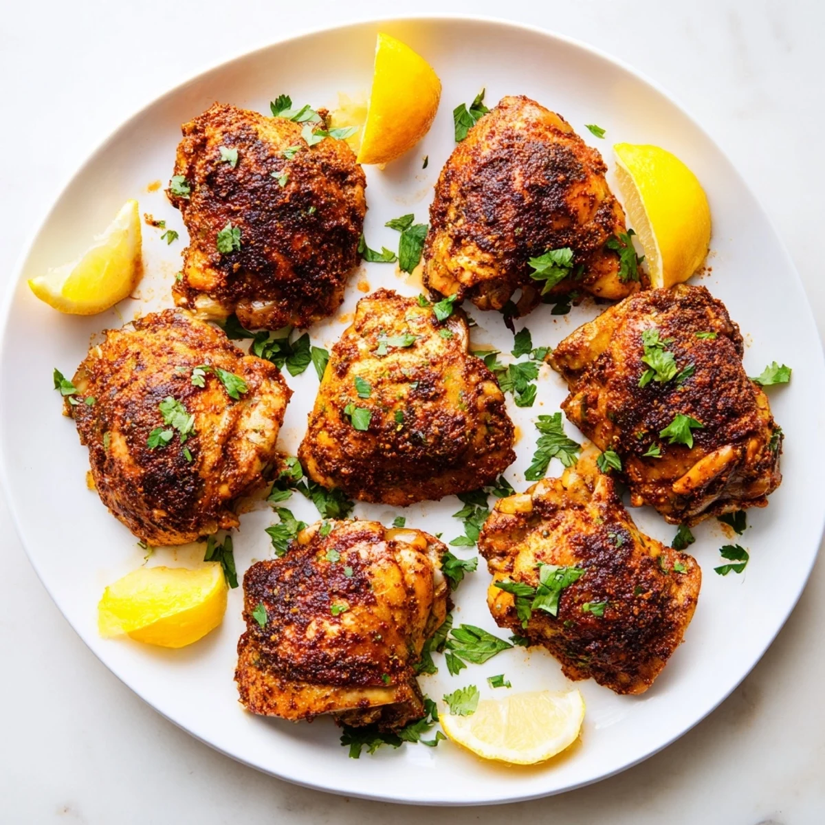 Golden roasted Moroccan spiced chicken thighs with crispy skin and fresh cilantro garnish