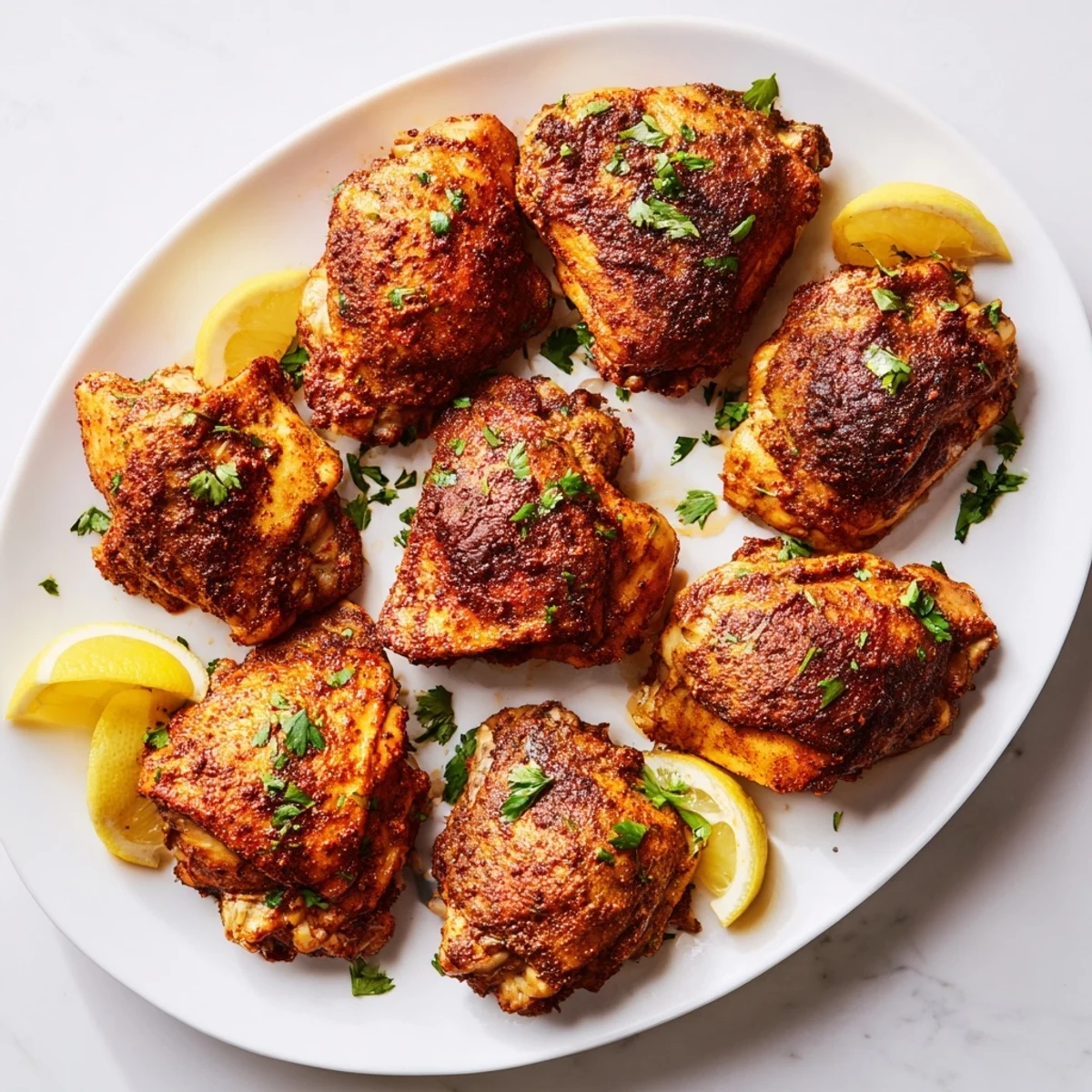 Succulent bone-in chicken thighs marinated in aromatic cumin coriander and paprika spices