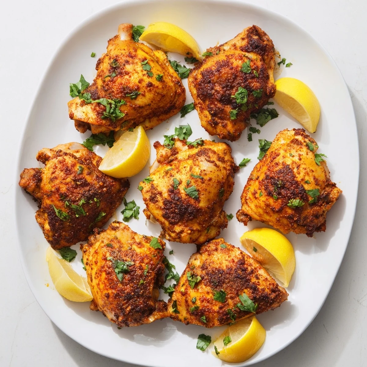 Moroccan spiced chicken thighs roasted to perfection served with lemon wedges on platter