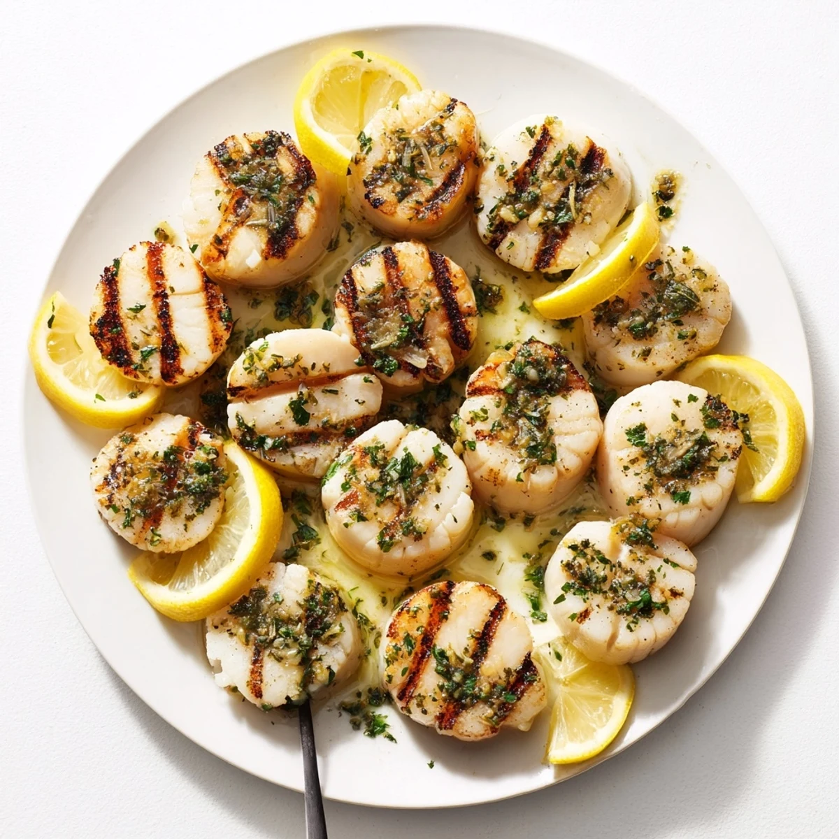 Golden-brown grilled scallops recipe with lemon wedges and fresh parsley garnish on a white serving plate