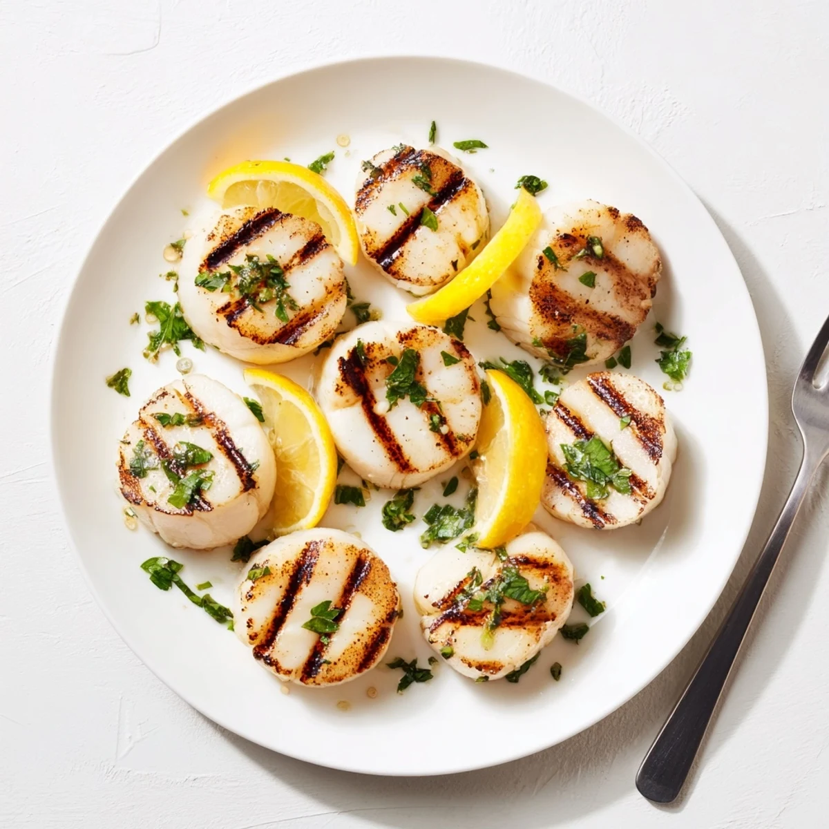 Perfectly seared grilled scallops recipe showing charred exterior and tender opaque flesh drizzled with olive oil marinade