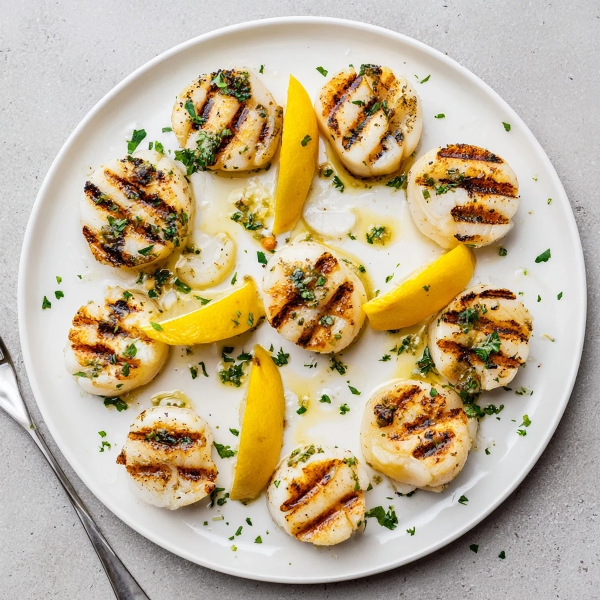 Light and elegant grilled scallops recipe plated with citrus slices ready for a gluten-free seafood dinner