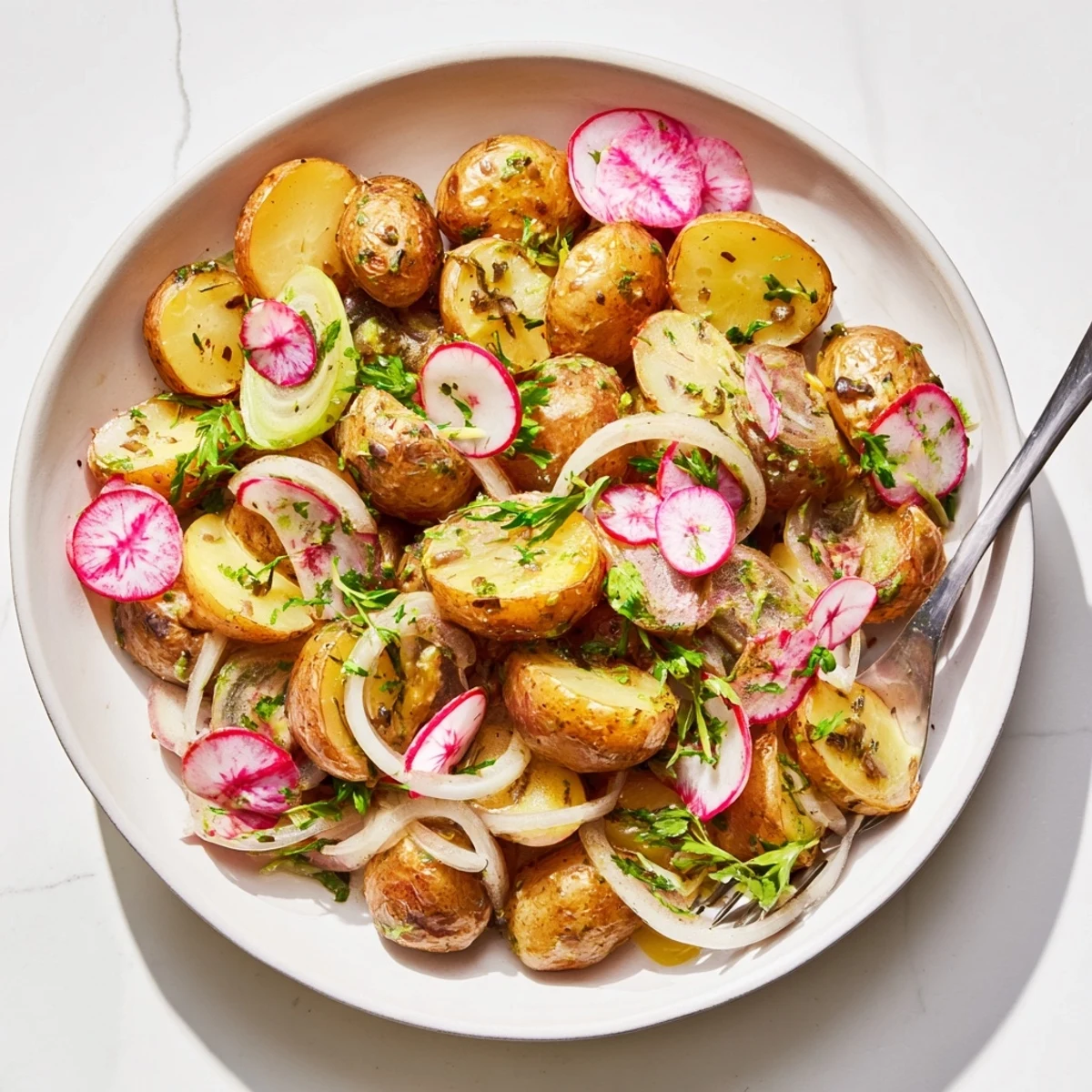 Golden roasted potato salad tossed with fresh herbs in a tangy mustard dressing