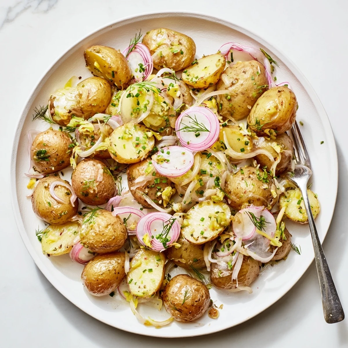 Crispy roasted potato salad with red onion celery and radishes in white bowl