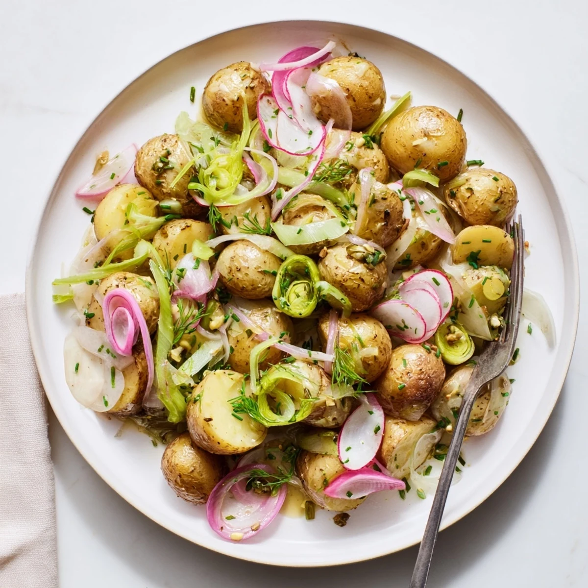 Warm roasted potato salad featuring Dijon mustard vinaigrette and fresh chopped parsley garnish