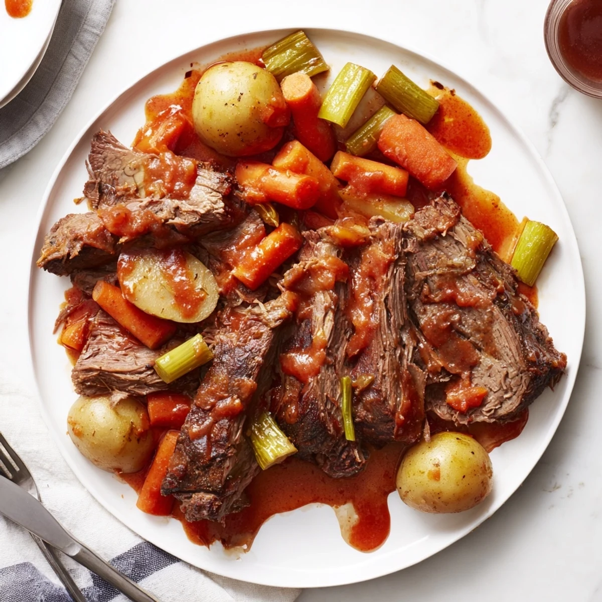 Slow cooked herb braised beef chuck roast with melted onions carrots and celery garnish