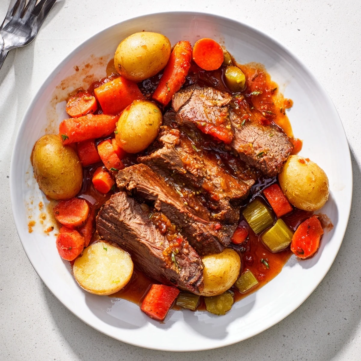 Herb braised beef chuck roast served with tender vegetables in a rich savory sauce plate
