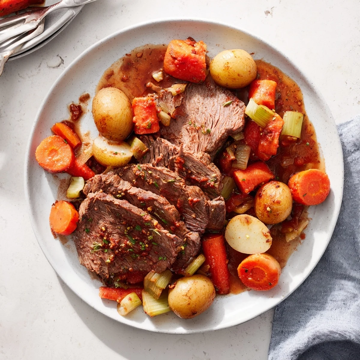 Comforting herb braised beef chuck roast slices plated alongside roasted baby potatoes and gravy