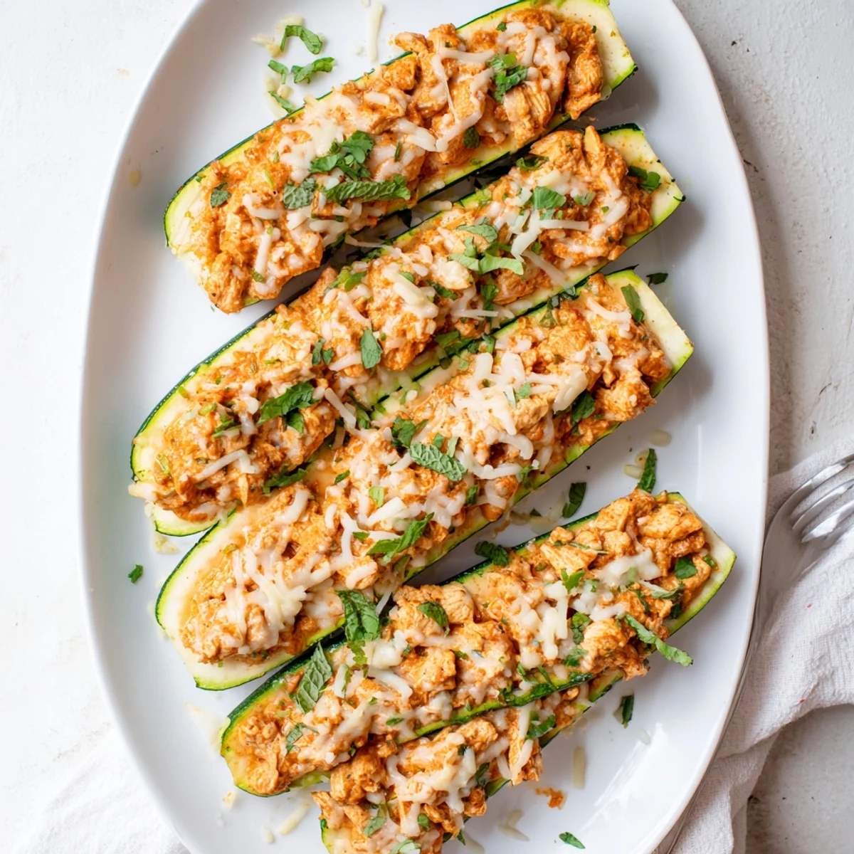 Roasted zucchini halves filled with rich Indian butter chicken sauce garnished with chopped cilantro and mint leaves