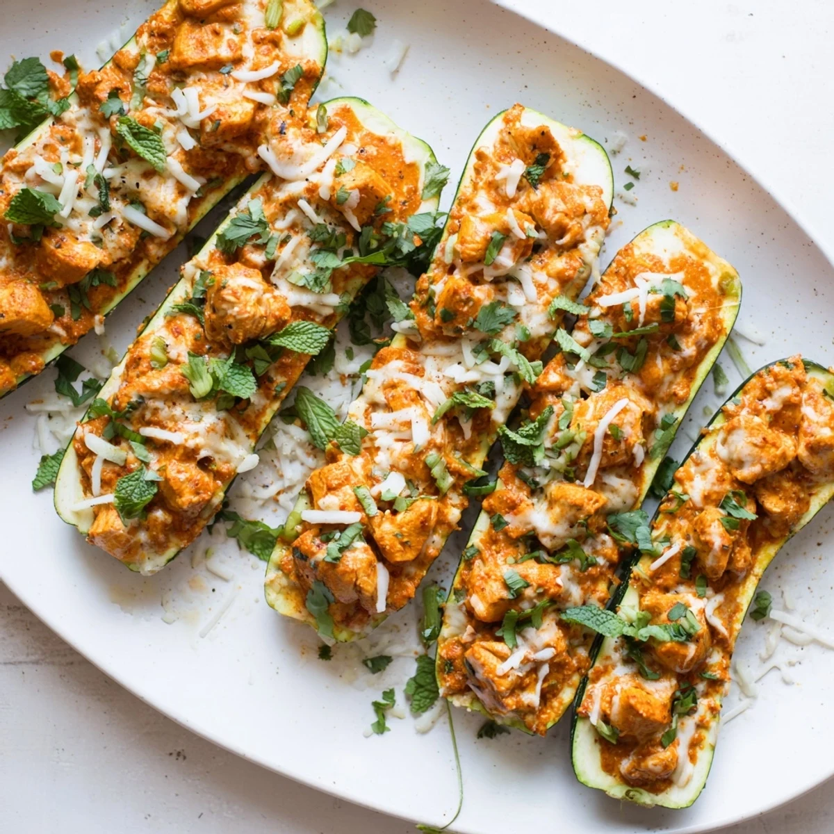 Golden zucchini boats overflowing with creamy spiced butter chicken topped with melted mozzarella and fresh green herbs