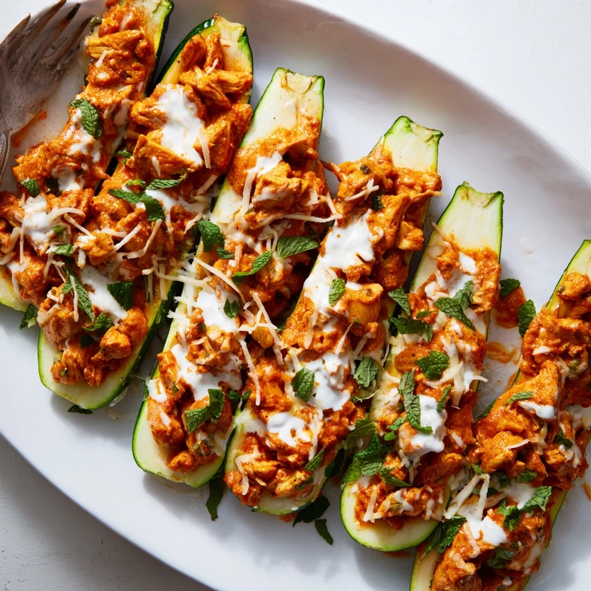 Baked butter chicken stuffed zucchini boats with tender chicken in tomato cream sauce and herb garnish