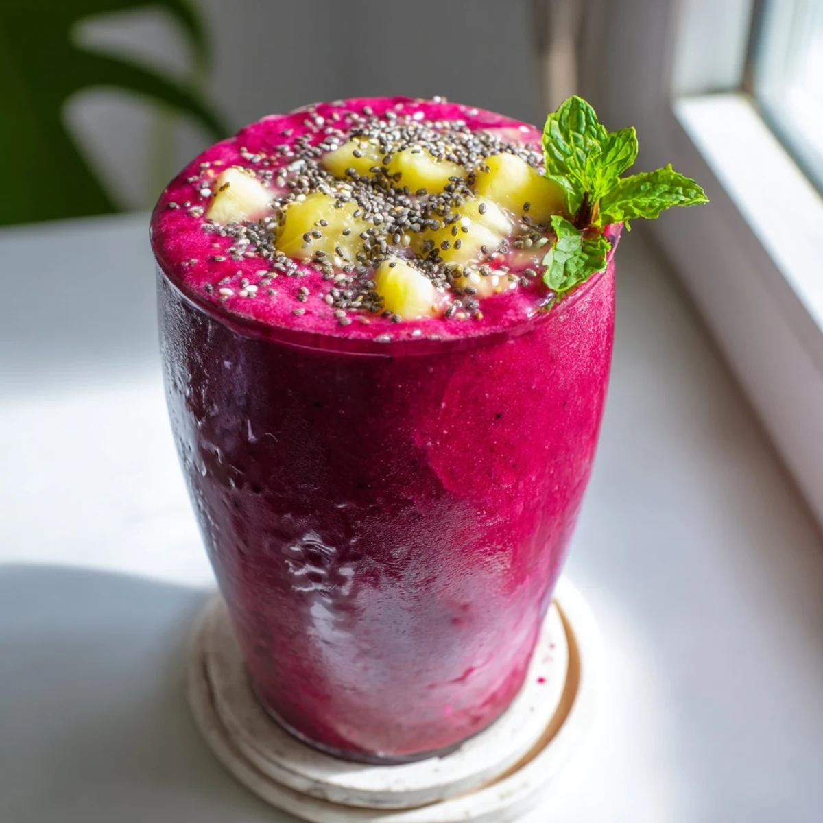 Thick pink beet smoothie topped with fresh mint leaves in a clear glass