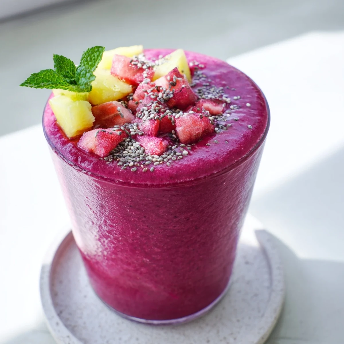 Vibrant purple beet smoothie poured into a mason jar with visible strawberry chunks