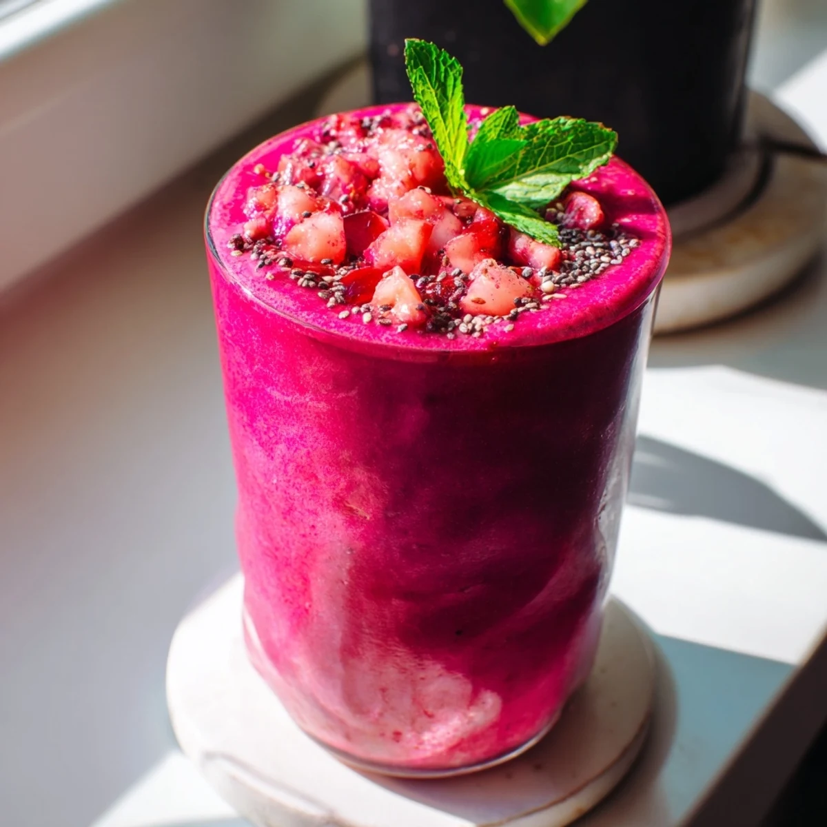Creamy blended beet smoothie with frothy layer on a wooden kitchen counter