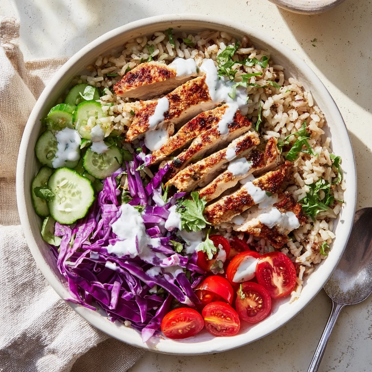 Golden spiced chicken slices arranged over colorful vegetables and fluffy grains in a healthy chicken shawarma bowl
