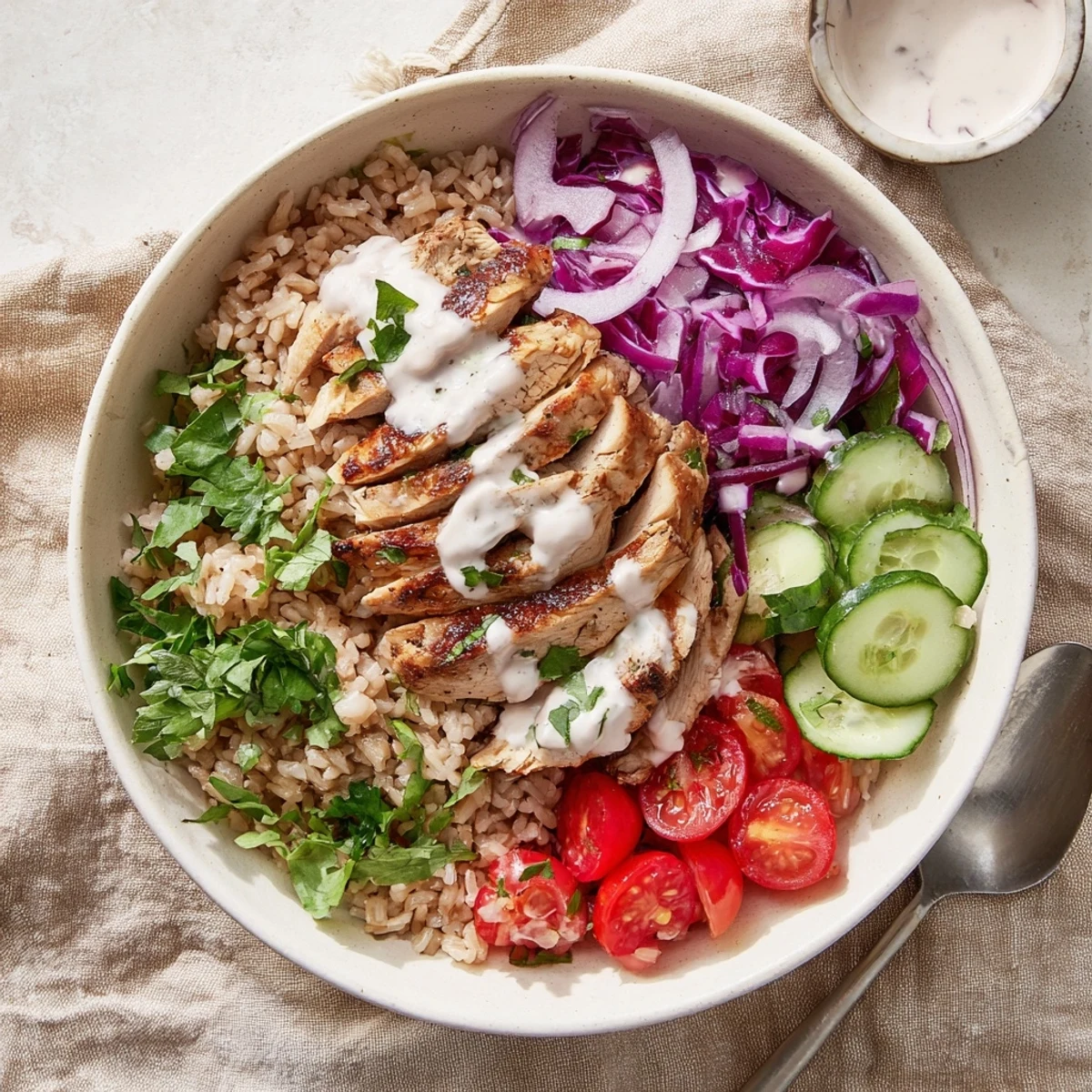 Marinated chicken with warm Middle Eastern spices served atop fresh salad and tahini drizzle in this nutritious chicken shawarma bowl