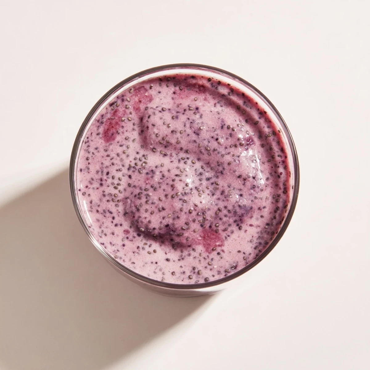 Vibrant purple chia seed smoothie garnished with extra seeds and sliced fruit